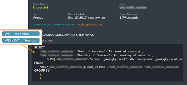 Figure 3: Simplification of query when using preprocessed Atscale date dimensions (i.e. Week of Date, Weekday of Date).