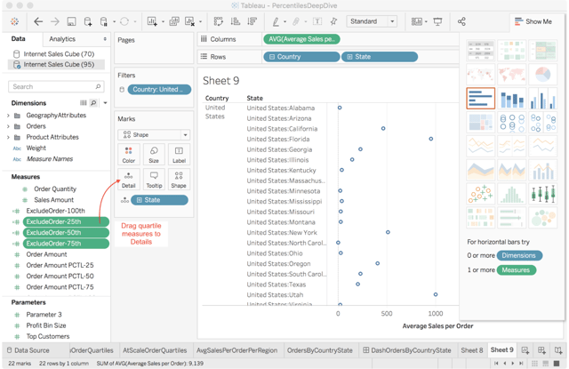 Figure 7.  Using an LOD Expression to Combine Higher-level Percentile Calculations with Order-level Detail